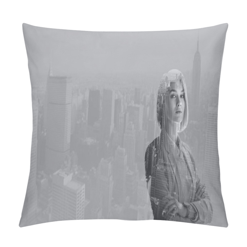 Personality  Double Exposure Of Attractive Woman With Crossed Arms And New York Cityscape  Pillow Covers