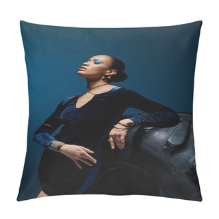 Personality  A Young African American Woman Stands Beside A Towering Black Bag In A Studio Setting. Pillow Covers