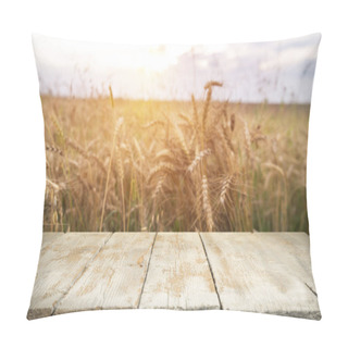Personality  Wheat Field With Wood Planks. Empty Tabletop. Table With Wheat.Beautiful Nature Sunset Landscape. Rural Scenery With Golden Wheat. Agriculture Background With Harvest. Pillow Covers