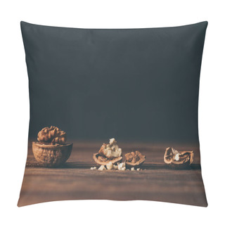 Personality  Cracked Walnuts As Dementia Symbol On Wooden Table On Black Background  Pillow Covers