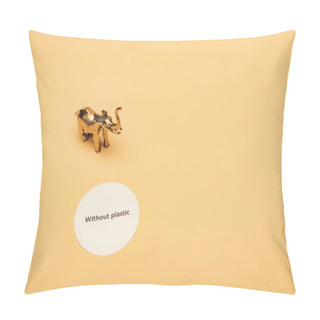 Personality  Golden Toy Elephant With Lettering Without Plastic On Card  On Yellow Background, Environmental Pollution Concept Pillow Covers
