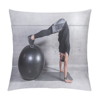 Personality  Side View Of Sportsman With Legs On Medicine Ball Standing Upside Down While Showing Exercise  Pillow Covers