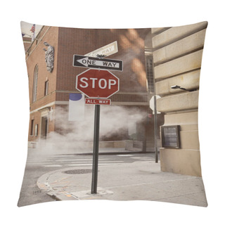 Personality  Steam Near Road Signs And Vintage Buildings In Downtown Of New York City, Metropolis Atmosphere Pillow Covers