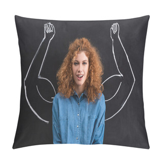 Personality  Portrait Of Smiling Redhead Woman With Strong Muscular Arms Drawing On Blackboard Pillow Covers