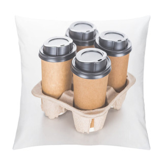 Personality  Paper Cups With Coffee In Cardboard Tray On White Background  Pillow Covers