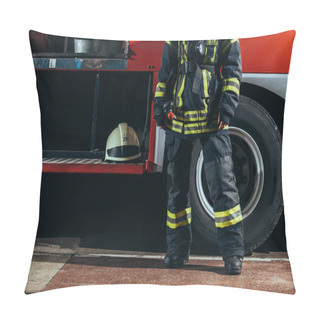 Personality  Partial View Of Female Firefighter In Protective Uniform Standing Near Truck With Helmet At Fire Station Pillow Covers