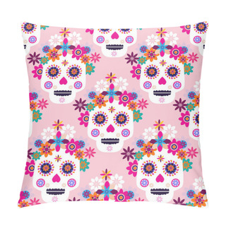 Personality  Mexican Seamless Pattern, Sugar Skulls And Colorful Flowers. Template  For Mexican Celebration, Traditional Mexico Skeleton Decoration. Dia De Los Muertos, Day Of The Dead .Vector Illustration. Pillow Covers
