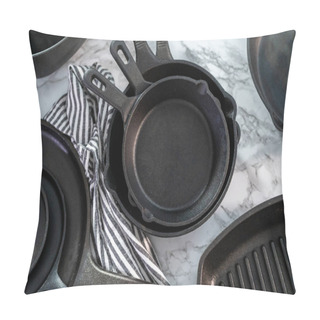Personality  Variety Of Cast Iron Frying Pans On A Marble Background. Pillow Covers