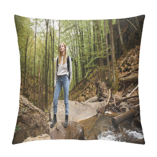 Personality  Woman With Backpack Hiking And Standing On Mountain River Rock In Forest. Solo Female Tourist Pillow Covers