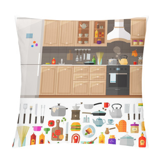 Personality  Kitchen. Set Of Elements - Utensils, Tools, Food, Kettle, Pot, Knife, Spices, Noodles, Coffee Grinder, Refrigerator, Furniture, Ketchup, Kitchen Stove, Oil, Frying Pan And Other Pillow Covers