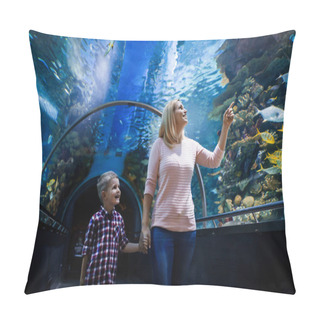 Personality Fascinated Mother And Son Watching Sea Life In Oceanarium Pillow Covers