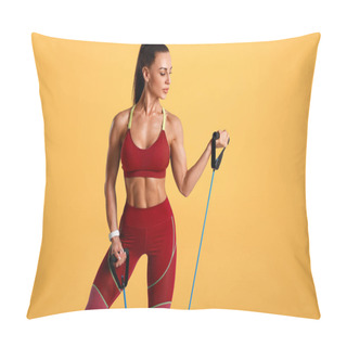 Personality  Fitness Woman Working Out With Resistance Band. Athletic Girl Exercises With Expander Pillow Covers