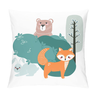 Personality  Cute Bear, Fox, Hare And Rabbit On A Background Of Plants. Hand Drawn Illustration Pillow Covers