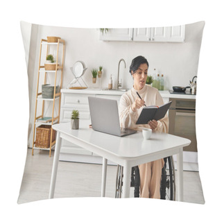 Personality  A Disabled Woman In A Wheelchair, Working Remotely, Sits At A Table Using A Laptop In Her Kitchen. Pillow Covers