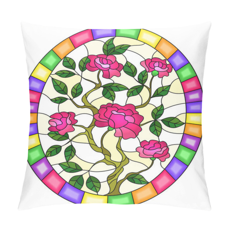 Personality  Illustration in stained glass style with a bouquet of pink  roses on a yellow  background in a bright frame,oval  image pillow covers