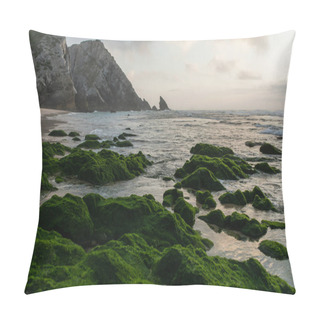 Personality  Scenic View Of Bay With Green Mossy Stones Near Ocean In Portugal  Pillow Covers