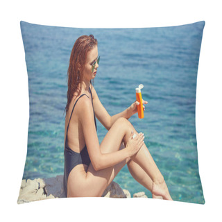 Personality  Sexy Young Woman On The Beach Applying Sun Cream  Pillow Covers
