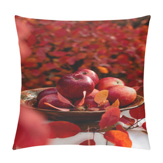 Personality  Juicy Ripe Red Apples In Autumn Against The Background Of Seasonal Red Colorful Leaves. Crunchy Sweet Fruit In A Vintage Ceramic Plate With A White Tablecloth. Delicious Fruits Of Appetizing Color Pillow Covers