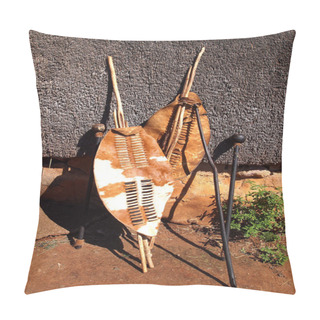 Personality  Close-up South African Zulu Spears, Warrior Shields And Assegai. Pillow Covers