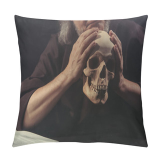 Personality  Cropped View Of Philosopher Holding Skull Near Blurred Bible Isolated On Black Pillow Covers