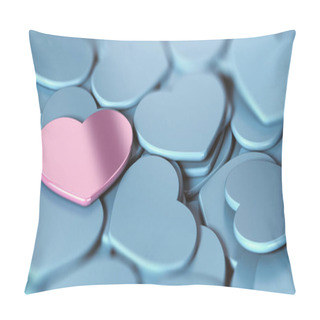 Personality  3D Illustration Of Many Blue Heart Shapes Background And A Pink One. Abstract Concept Of Love And Tenderness. Pillow Covers
