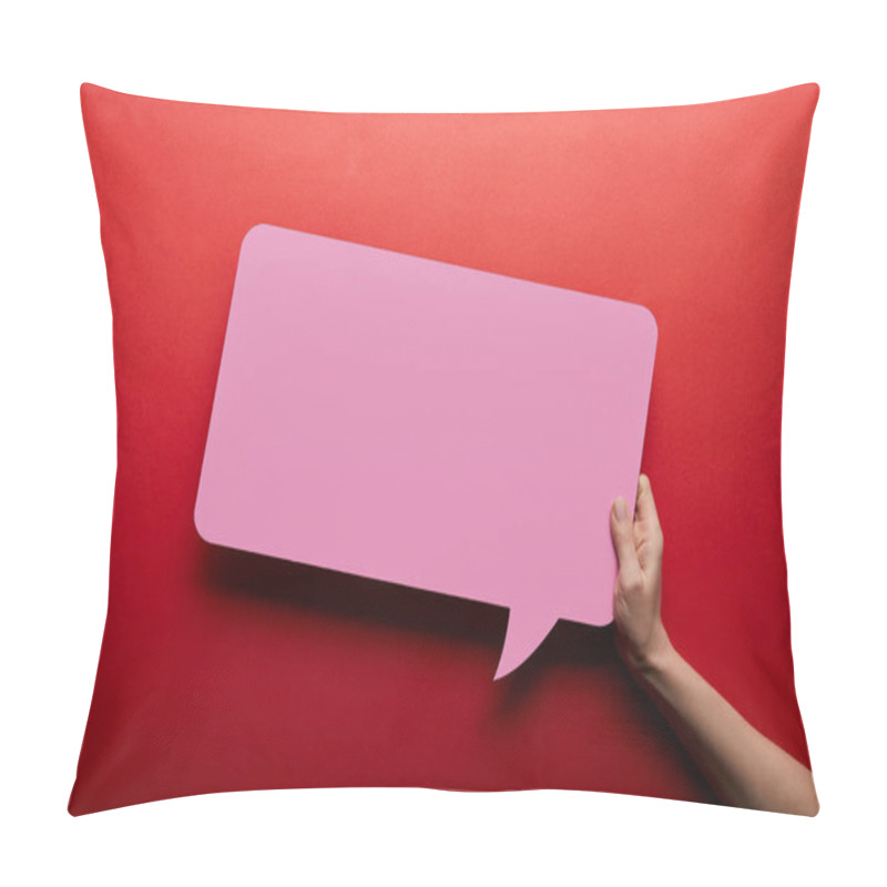 Personality  top view of empty speech bubble in pink color on red background pillow covers