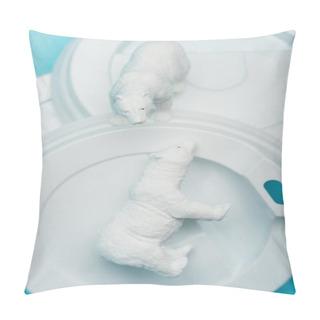 Personality  Top View Of Toy Polar Bears On Plastic Coffee Lids On Blue Background, Animal Welfare Concept Pillow Covers