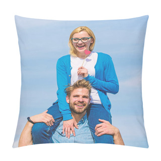 Personality  Man Carries Girlfriend On Shoulders, Sky Background. Romantic Date Concept. Couple Happy Date Having Fun Together. Woman Holds Heart On Stick Symbol Of Love. Couple In Love Walking Outdoor Sunny Day Pillow Covers