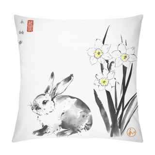 Personality  Ink Painting Of Rabbit And Daffodile Flowers. Traditional Oriental Ink Painting Sumi-e, U-sin, Go-hua. Hieroglyphs - Eternity, Freedom, Happiness, Harmony. Pillow Covers