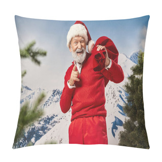 Personality  Playful Bearded Santa With Present Bag Winking And Pointing Finger At Camera, Merry Christmas Pillow Covers
