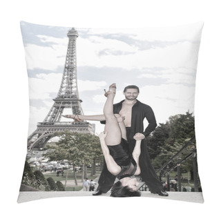 Personality  Dance Couple In Front Of Eifel Tower In Paris, France. Beatuiful Ballroom Dance Couple In Dance Pose Near Eifel Tower. Romantic Travel Concept. Sensual Feeling And Love Pillow Covers