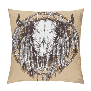 Personality  Hand Drawn Cow Skull And Feathers Illustration. Pillow Covers