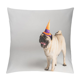 Personality  Purebred Pug Dog In Halloween Pointed Hat Standing On Grey Background  Pillow Covers