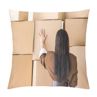Personality  Back View Of Brunette Girl Standing And Touching Box Pillow Covers