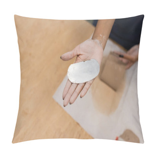 Personality  Top View Of African American Woman Holding Steel Scraper In Pottery Workshop Pillow Covers