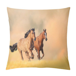 Personality  Horses Running In Autumn Background. Beautiful Wild Chestnut Horses Running Fast. Animal Theme Background Pillow Covers