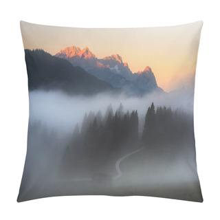 Personality  Wetterstein Mountain View During Autumn Morning. Cloudy Sky And Foggy Forest Near Beautiful Lake. Bavarian Alps, Bavaria, Germany. Pillow Covers