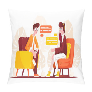 Personality  Two Handsome People Sit Opposite Each Other And Speaking. A Man And A Woman Speaking About Something. Communication Process Flat Design. Vector Illustration Pillow Covers