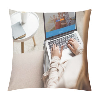 Personality  Cropped Shot Of Woman At Home Sitting On Couch And Using Laptop With Couchsurfing Website Homepage On Screen Pillow Covers