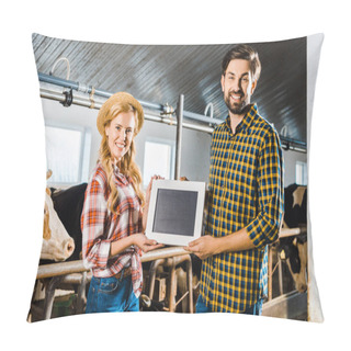 Personality  Couple Of Farmers Showing Blackboard In Stable Pillow Covers