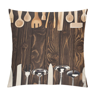 Personality  Top View Of Metallic And Wooden Kitchen Utensils Placed In Two Rows On Table  Pillow Covers