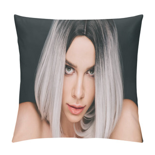 Personality  Beautiful Charming Girl Posing In Grey Wig, Isolated On Black Pillow Covers