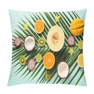 Personality  Exotic Fruits And Tropical Palm Leaves On Pastel Turquoise Background - Papaya, Mango, Pineapple, Banana, Carambola, Dragon Fruit, Kiwi, Lemon, Orange, Melon, Coconut, Lime. Top View. Pillow Covers