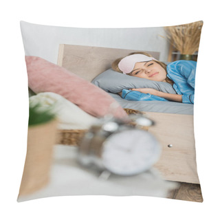 Personality  Displeased Woman In Sleeping Mask And Pajama Lying In Bed Near Blurred Alarm Clock  Pillow Covers