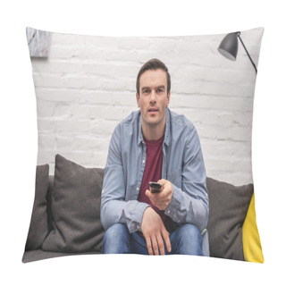 Personality  Handsome Adult Man With Remote Control Watching Tv At Home Pillow Covers