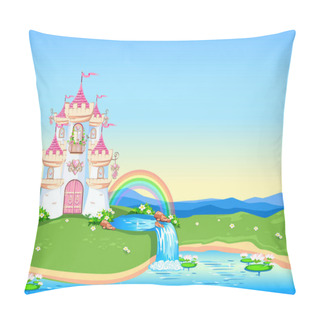Personality  Fairytale Background With Princess Castle Near The Waterfall In Blooming Valley. Castle With Pink Flags, Jeweled Hearts, Rooftops, Towers And Gates In A Beautiful Landscape. Vector Illustration For A Fairy Tale. Pillow Covers