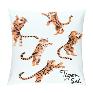Personality  Set Of Jumping Tigers Isolated On A White Background. Vector Image. Pillow Covers