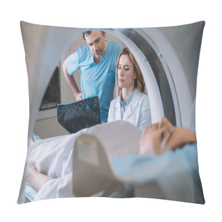 Personality  Selective Focus Of Thoughtful Doctors Looking At X-ray Diagnosis During Patients Diagnostics On Ct Scanner Pillow Covers