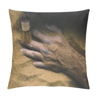 Personality  Forensic Expert Discovering Dead Body Buried In Desert Sand. Conceptual Image For Police Investigation Of An Cold Case Murder Crime Scene. Pillow Covers