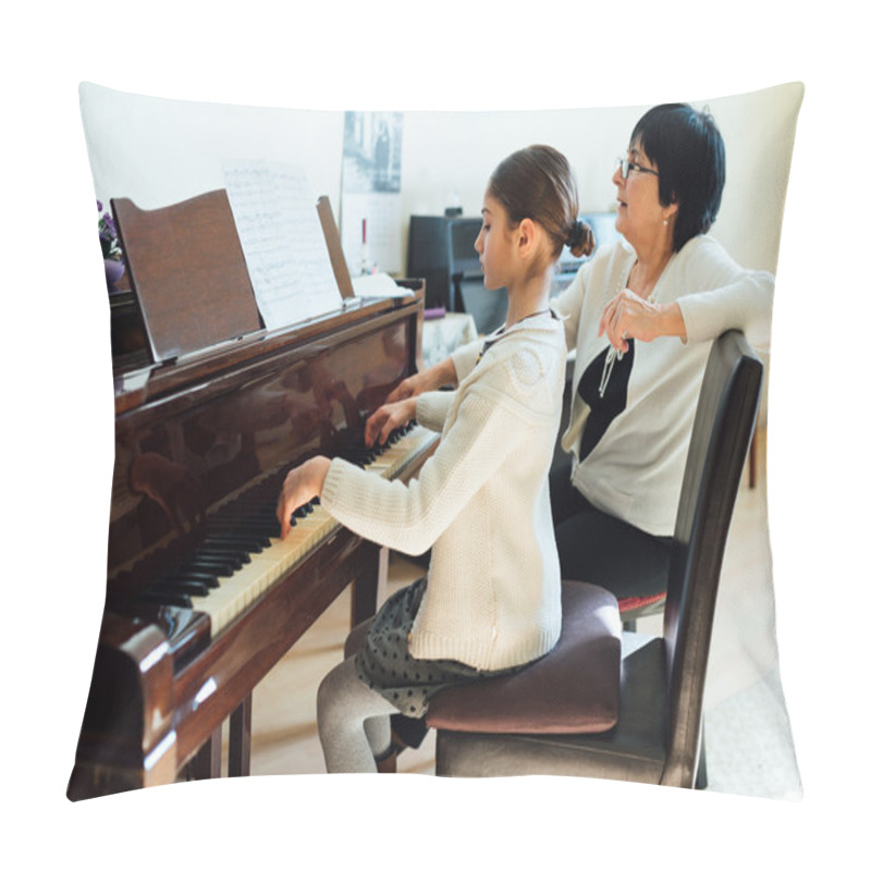 Personality  piano lessons at  music school, teacher and student. pillow covers